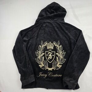 VTG Y2K Juicy Couture Hoodie Womens Medium Black Velour Zip Crest Rhinestone
